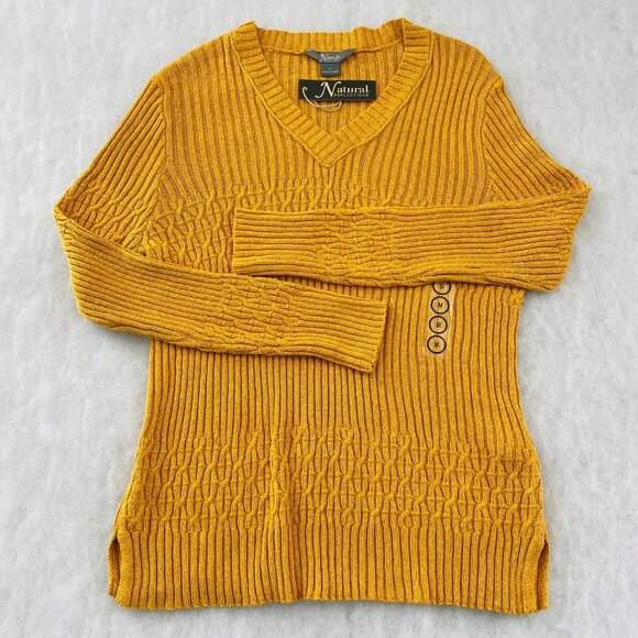 Natural Reflections Womens Sunflower Yellow Cable Knit V-Neck Sweater Size M - Picture 1 of 9